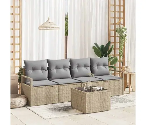 5 Daļu Dārza Dīvānu Komplekts Ar Spilveniem - Bēšs Poli Rotangpalma Vidaxl