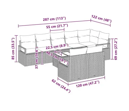 8 Gabalu Dārza Dīvānu Komplekts Ar Spilveniem Pelēkā Poli Rotangpalma Vidaxl