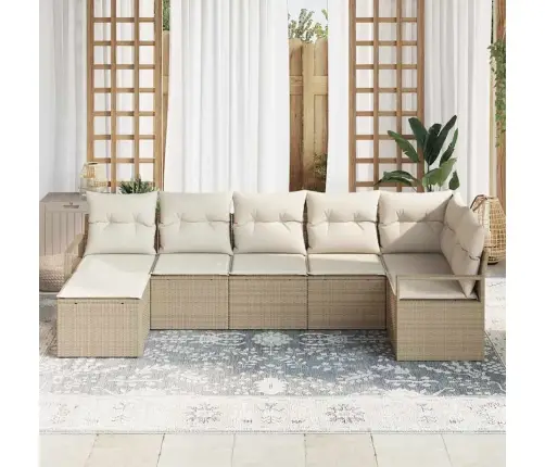 7 Daļu Dārza Dīvānu Komplekts Ar Spilveniem Bēšs Polirattans Vidaxl