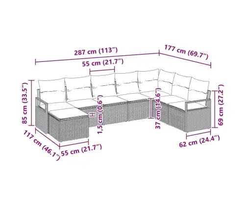 8 Gabalu Dārza Dīvānu Komplekts Ar Spilveniem Pelēks Poli Rotangpalmas Vidaxl