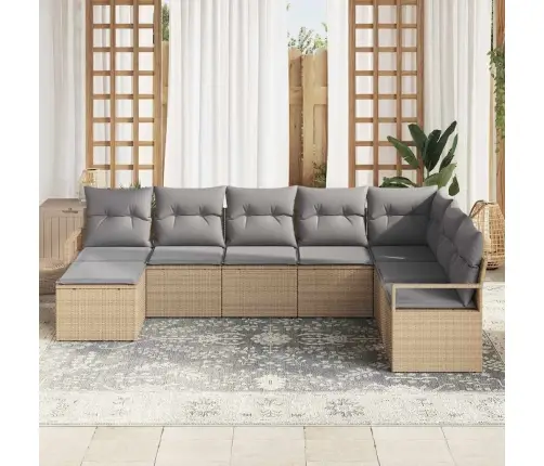 8 Daļu Dārza Dīvānu Komplekts Ar Spilveniem Bēša Poli Ratanā Vidaxl