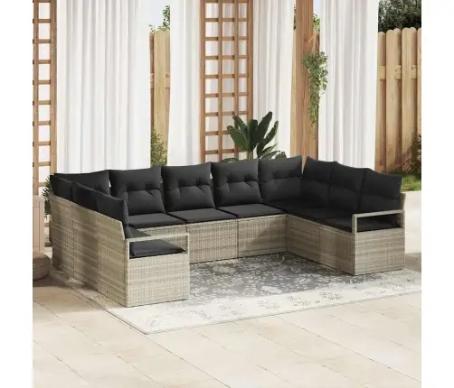 9 Gabalu Dārza Dīvānu Komplekts Ar Spilveniem Gaiši Pelēks Polietilēna Rotangpalma Vidaxl