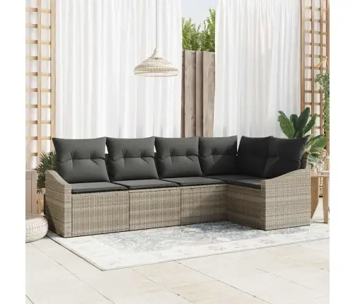 5 Daļu Dārza Dīvānu Komplekts Ar Spilveniem Pelēkā Krāsā Poli Rotangpalma Vidaxl