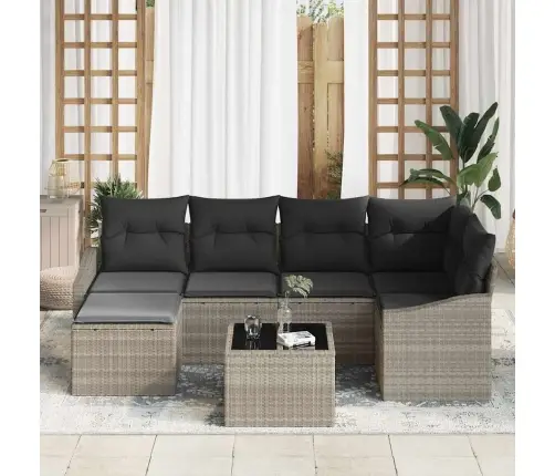 Sodo Sofų Rinkinys 7 Pcs Šviesiai Pilka Poli Ratanas