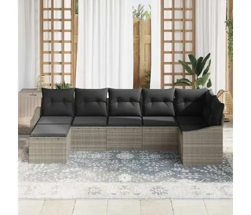 7 Daļu Dārza Dīvāna Komplekts Ar Spilveniem Gaiši Pelēks Poli Rotangpalma Vidaxl