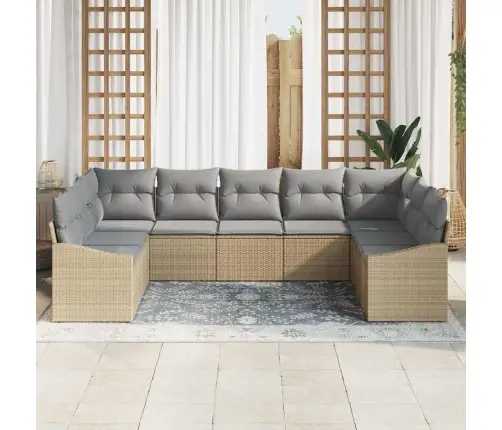 9 Daļu Dārza Dīvānu Komplekts Ar Spilveniem Bēšs Poli Rotangpalma Vidaxl