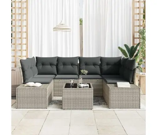 Sodo Sofų Rinkinys Su Pagalve 7 Pcs Šviesiai Pilka Poliratanas