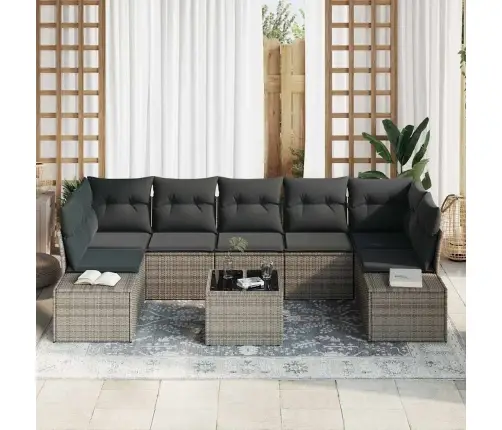 8 Gabalu Dārza Dīvānu Komplekts Ar Spilventiņiem Pelēks Poli Rotangpalma Vidaxl