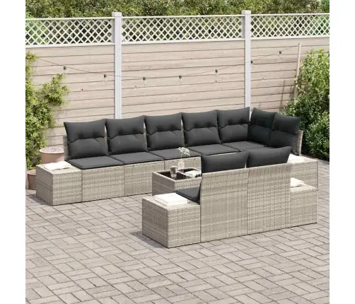 Sodo Sofų Rinkinys Su Pagalve 9 Pcs Šviesiai Pilka Poliratanas