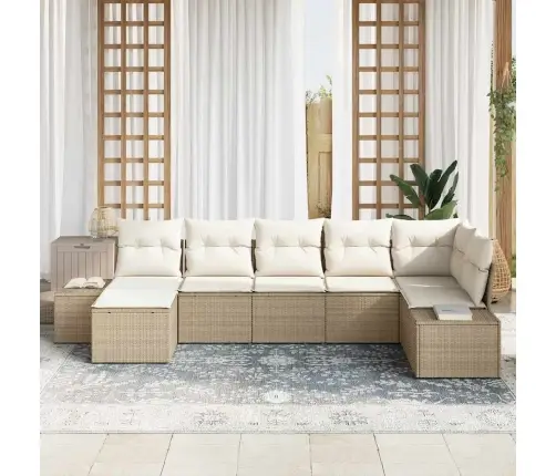 7 Gabalu Dārza Dīvānu Komplekts Ar Spilveniem, Bēšs, Poli Rotangpalma Vidaxl