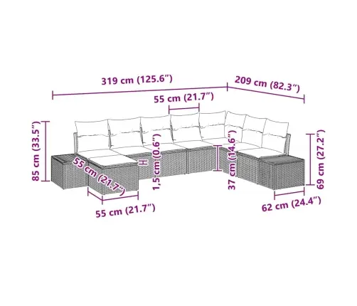Dārza Dīvānu Komplekts 8 Pcs Bēša 319 X 209 X 85 Cm Pe Rotangs Vidaxl