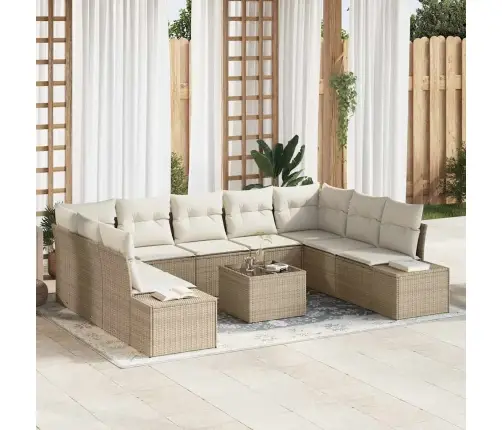 Sodo Sofų Rinkinys Su Pagalve 10 Pcs Smėlio Poliratanas