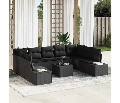 Sodo Sofų Rinkinys Su Pagalve 10 Pcs Juoda Poliratanas