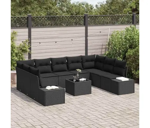 Sodo Sofų Rinkinys Su Pagalve 10 Pcs Juoda Poliratanas