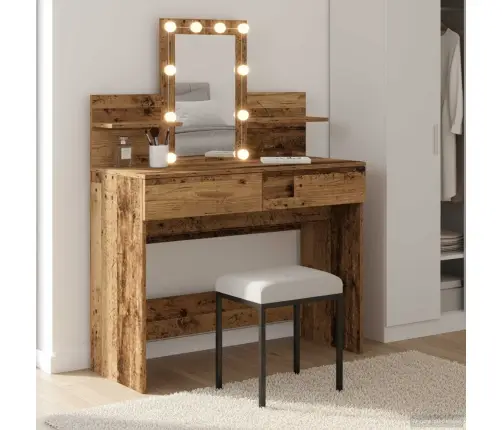 Grims Galdiņš Ar Spoguli Un Led Gaismām, Vecs Koks, Inženierijas Koks Vidaxl