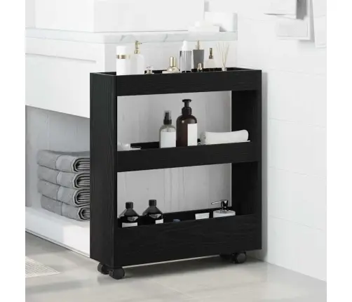 Šaurs Vannas Skapītis Ar Riteņiem Melns Ozols Inženierijas Koks Vidaxl