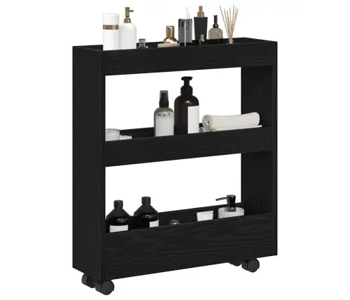 Šaurs Vannas Skapītis Ar Riteņiem Melns Ozols Inženierijas Koks Vidaxl