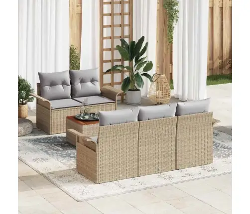 6 Daļu Dārza Dīvānu Komplekts Ar Spilventiņiem Bēšs Polietilēna Rotangpalmas Akācija Vidaxl