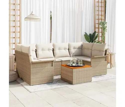 7 Daļu Dārza Dīvānu Komplekts Ar Spilveniem Bēšā Poli Rotangpalmas Akācija Vidaxl