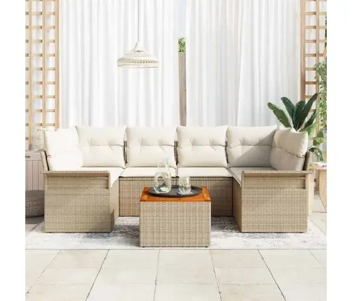 7 Daļu Dārza Dīvānu Komplekts Ar Spilveniem Bēšā Poli Rotangpalmas Akācija Vidaxl