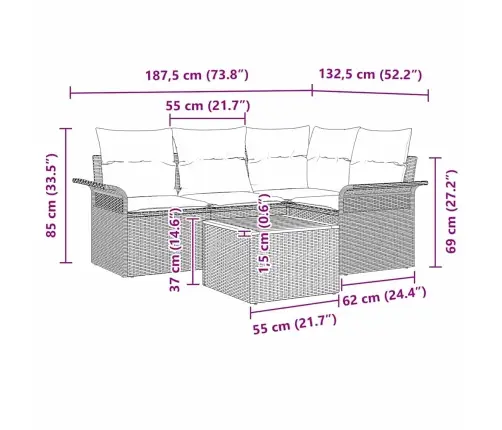 5 Daļu Dārza Dīvānu Komplekts Ar Spilveniem Pelēkā Poli Rotangpalmas Vidaxl