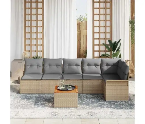 7 Daļu Dārza Dīvānu Komplekts Ar Spilveniem Bēšā Poliratanā Akācijas Vidaxl