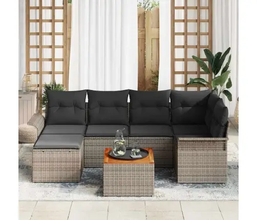 7 Daļu Dārza Dīvānu Komplekts Ar Spilveniem Pelēks Polietilēna Rotangpalma Akācija Vidaxl