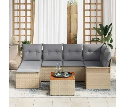 7 Gabalu Dārza Dīvāna Komplekts Ar Spilveniem Bēšā Poliratanā Ar Akāciju Vidaxl