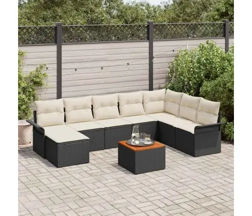 9 Daļu Dārza Dīvānu Komplekts Ar Spilveniem Melnā Poliratana Un Akācijas Kokā Vidaxl