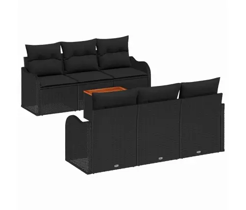 7 Daļīgs Dārza Dīvānu Komplekts Ar Spilveniem, Melnā Poli Rotangpalmas, Akācija Vidaxl