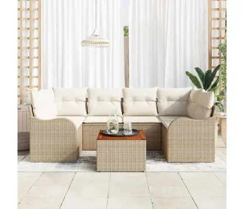 7 Daļu Dārza Dīvānu Komplekts Ar Spilveniem Bēšā Poli Rotangpalma Akācija Vidaxl