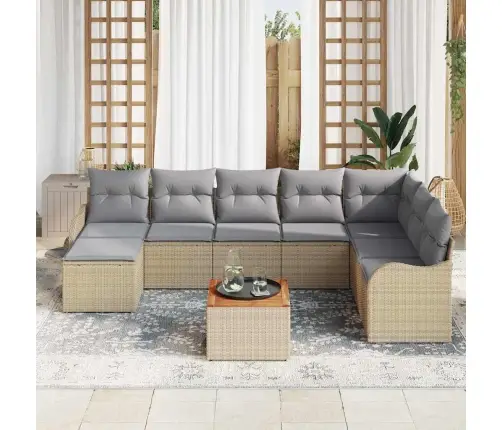 9 Gabalu Dārza Dīvānu Komplekts Ar Spilveniem Bēšs Poli Rotangpalma Akācija Vidaxl