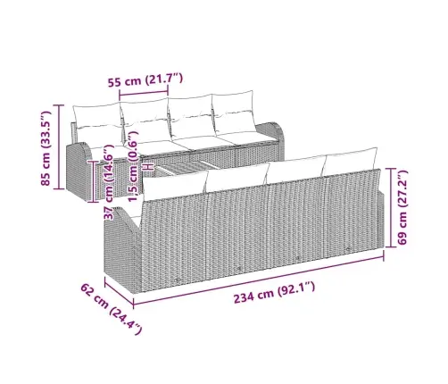 9 Gabalu Dārza Dīvānu Komplekts Ar Spilveniem Pelēks Poli Rotangpalma Akācijas Vidaxl