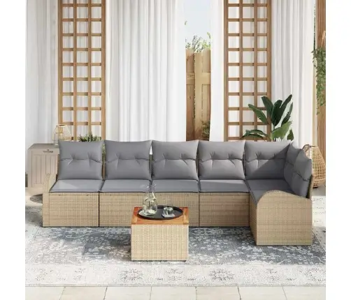 7 Daļu Dārza Dīvānu Komplekts Ar Spilveniem Bēšā Poli Rotangpalmas Akācijas Vidaxl