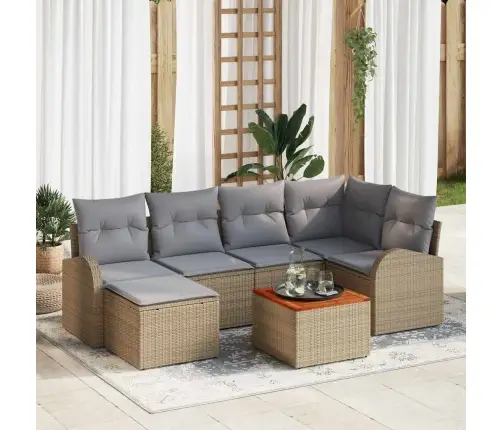 7 Gabalu Dārza Dīvānu Komplekts Ar Spilveniem Bēšā Polietilēna Rotangpalmas Akācijā Vidaxl