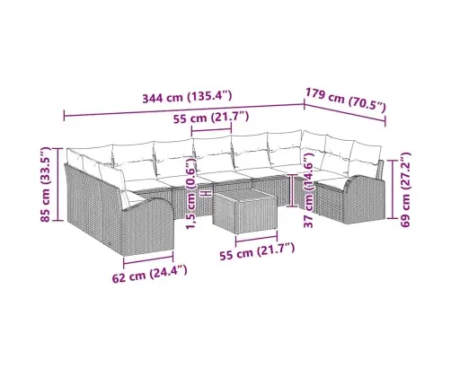 11 Gabalu Dārza Dīvānu Komplekts Ar Spilveniem, Melns Poliratanas Akācija Vidaxl