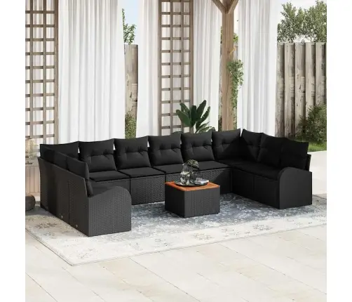 11 Daļu Dārza Dīvāna Komplekts Ar Spilveniem, Melns Poliratanis Un Akācijas Vidaxl