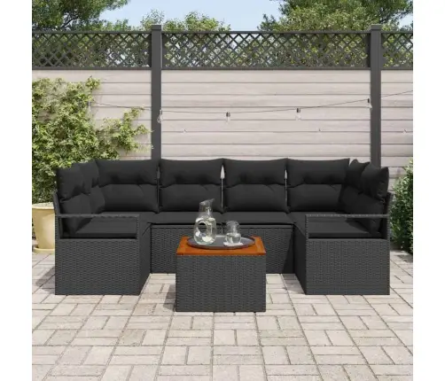 7 Daļīgs Dārza Dīvānu Komplekts Ar Spilveniem, Melns Polirats, Akācija Vidaxl