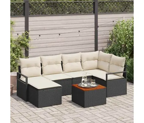 7 Daļu Dārza Dīvāna Komplekts Ar Melniem Poliratanas Akācijas Spilveniem Vidaxl