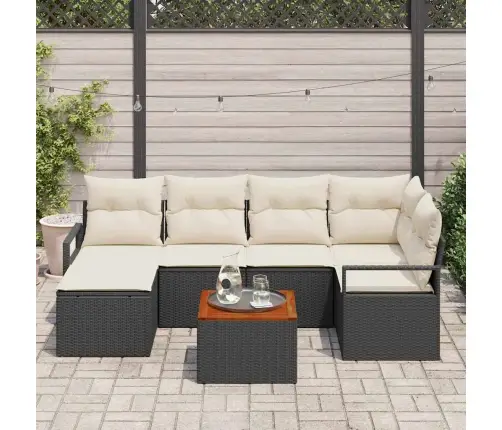 7 Daļu Dārza Dīvāna Komplekts Ar Melniem Poliratanas Akācijas Spilveniem Vidaxl