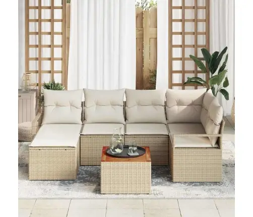 7 Daļu Dārza Dīvānu Komplekts Ar Spilveniem Bēšā Poliratanā Vidaxl