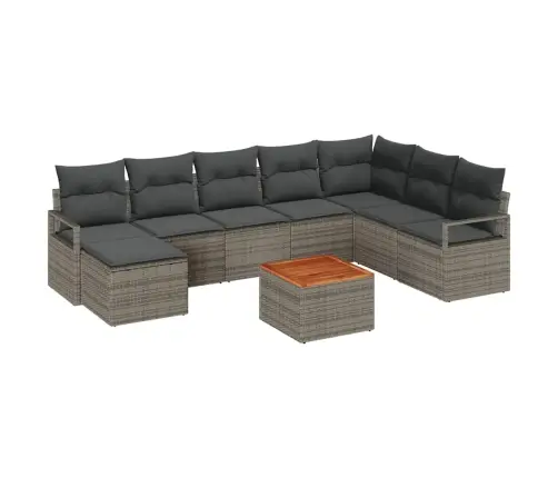 9 Daļu Dārza Dīvānu Komplekts Ar Spilveniem, Pelēks Poli Rattan Un Akāciju. Vidaxl