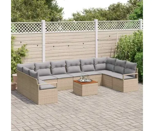 11 Daļu Dārza Dīvānu Komplekts Ar Bēšiem Spilveniem, No Poliratanas Un Akācijas Koka. Vidaxl