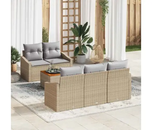 6 Daļu Dārza Dīvānu Komplekts Ar Spilveniem Bēšā Krāsā No Polirotanga Un Akācijas Vidaxl