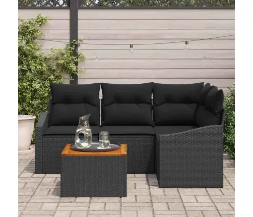 5 Daļu Dārza Dīvāna Komplekts Ar Spilveniem Melnā Poliratanā Un Akācijā Vidaxl