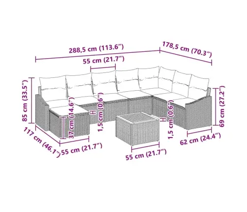 Sodo Sofų Rinkinys Su Pagalve 9 Pcs Pilka Poli Ratanas