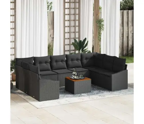 10 Gabalu Dārza Dīvānu Komplekts Ar Spilveniem, Melnā Poliratanā Un Akācija. Vidaxl