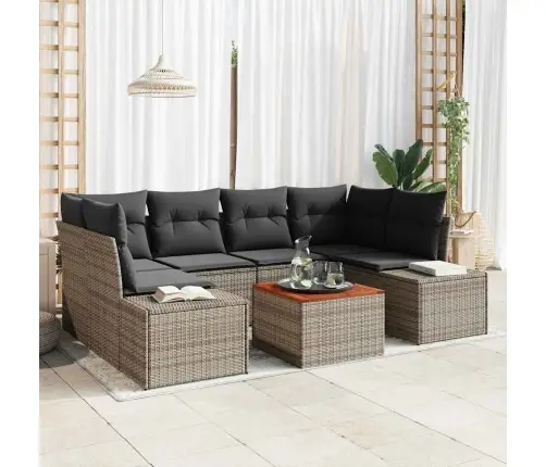 7 Daļu Dārza Dīvānu Komplekts Pelēkā Poliratanā Ar Spilveniem Un Akāciju Vidaxl