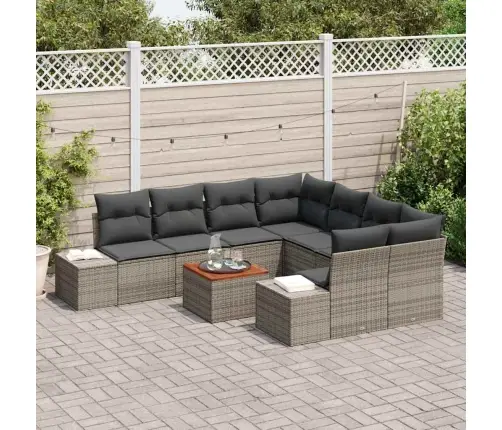 9 Daļu Dārza Dīvānu Komplekts Ar Spilveniem Pelēkā Polirātānā Un Akācijā Vidaxl