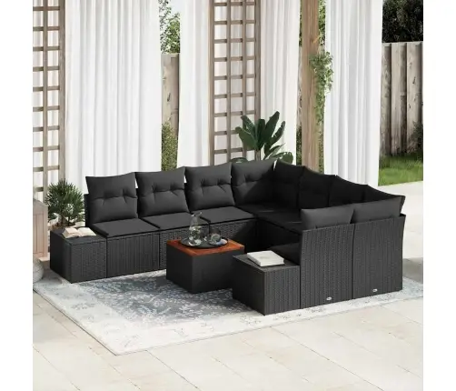 Sodo Sofų Rinkinys Su Pagalve 9 Pcs Juoda Poli Ratanas